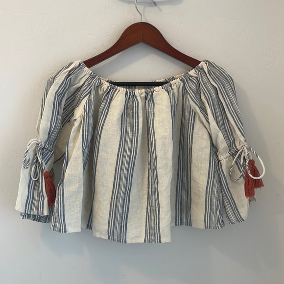 Anthropologie Tularosa Off Shoulder Linen Tassel Blouse Top Womens Small Blue - Picture 2 of 9